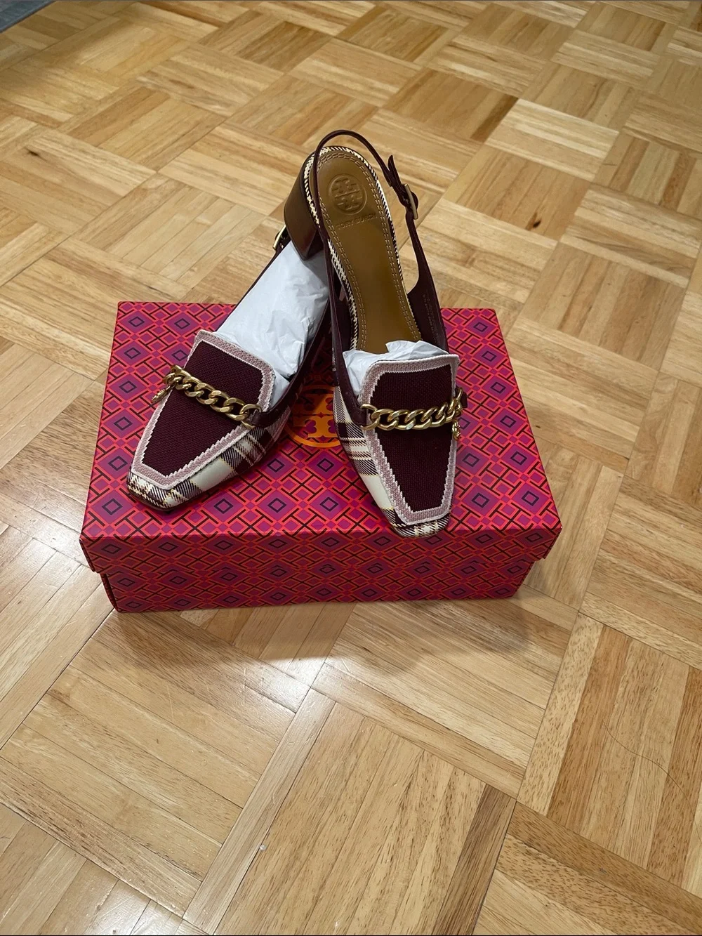Women's Burgundy Plaid slingback loafer. - Picture 3 of 6